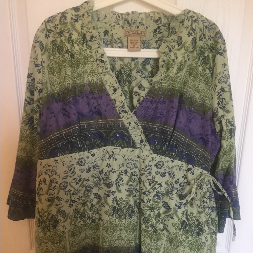 Cotton green and purple print top